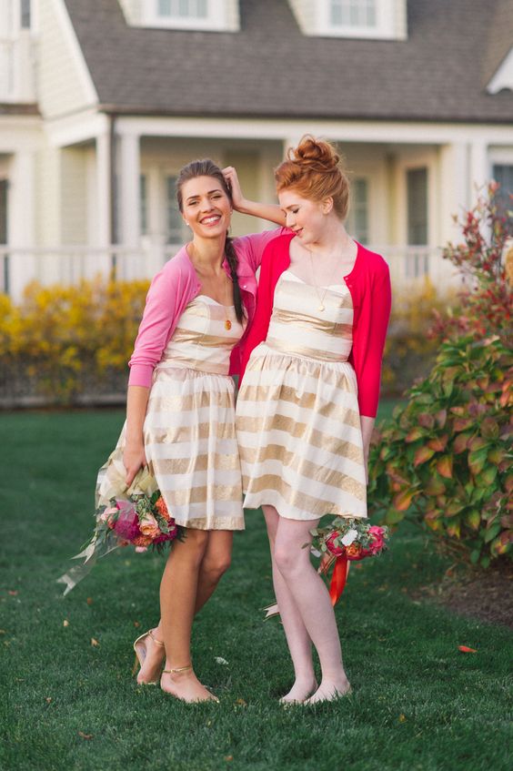 pretty strapless gold and white knee A-line bridesmaid dresses, pink cardigans and gold shoes for a glam and fun wedding