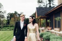 a glam gold sequin strapless wedding dress with a highlighted waist is a chic and gorgeous idea for a holiday wedding