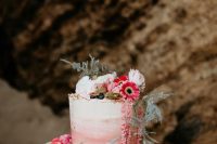 a lovely ombre pink wedding cake with a raw edge, white and pink blooms and greenery is a fantastic idea for a spring or summer wedding