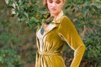 a mustard velvet robe is a unique idea for a bride to cover up, it looks chic and refined