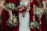 burgundy velvet wrap midi dresses with ruffle sleeves and V-necklines are gorgeous for a bright fall wedding