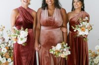 chic red and dusty pink mismatching velvet maxi bridesmaid dresses with variously draped bodice are a lovely idea