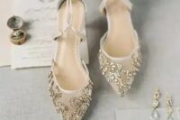 chic semi sheer white wedding shoes with gold rhinestone embroidery and straps for an ethereal look