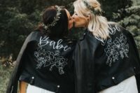 customized black leather jackets for both brides are a cool way to pull off a unifying touch