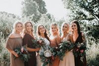 lovely mismatching maxi bridesmaid dresses, off the shoulder, usual and strap ones in rust, taupe, burgundy and blush are amazing