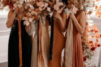 lovely mismatching rust, yellow and dark green bridesmaid dresses, with various silhouettes and necklines are amazing for a fall wedding