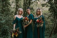 mismatching green maxi bridesmaid dresses are great for a modern or boho fall wedding