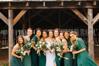 mismatching green maxi bridesmaid dresses of two diffeernt colors and with various designs for a fall wedding