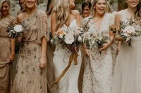 mismatching nude and white bridesmaid maxi dresses are adorable for an early fall wedding with a neutral color scheme