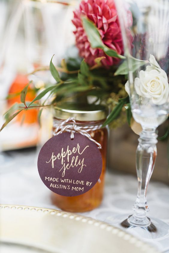 pepper jelly is a very cool and creative fall edible favor idea, you make it yourself or order at some local business