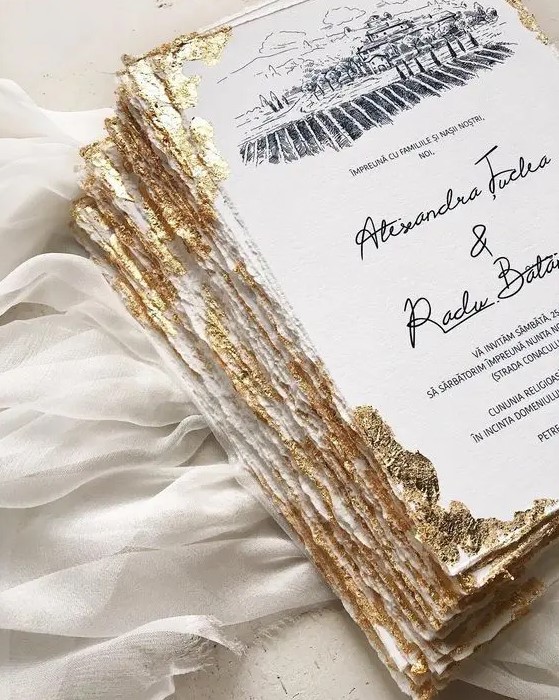 personalize your black and white wedding invitations with a touch of gold foil