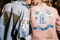 personalized bridal jackets – a blue applique denim one with logn gold fringe and a pink leather one with handpainting