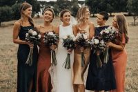 pretty mismatching black, rust and gold bridesmaid dresses, midi and maxi ones are adorable for a fall boho wedding
