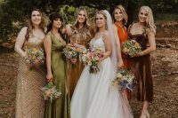 pretty mismatching bridesmaid dresses in olive green, brown, rust, tan and gold, of various fabrics and with various detailing