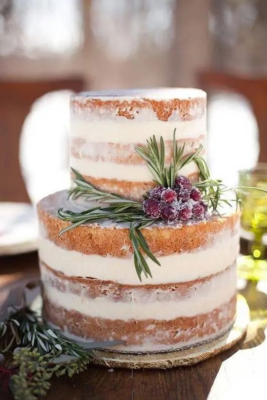 a delicious naked wedding cake doesn't require much decor, you may stick to only sugared cranberries and rosemary