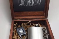 a groomsman gift box with a flask, a personalized glass, a bottle opener is a lovely and simple idea to rock