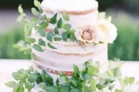 a naked cake with fresh foliage and a couple of neutral blooms for decor is a fresh and gorgeous idea for a spring wedding