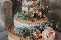 a yummy naked wedding cake with succulents and blush blooms and berries is a lovely idea for a summer rustic wedding