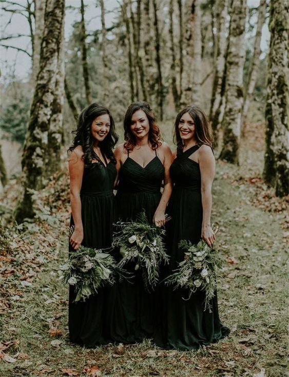 mismatching black maxi bridesmaid dresses are great for a soft gothic and many other weddings, too