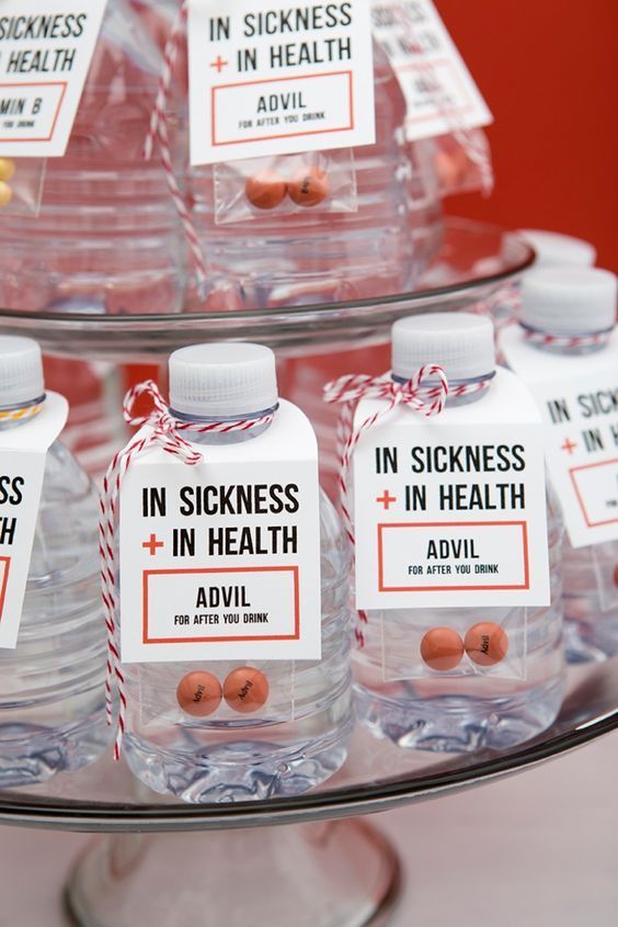water bottles and Advil pills are perfect wedding favors for those who love to party hard