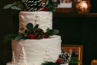 a Christmas wedding cake with painted and textural tiers, greenery, berries, snowy pinecones is a stylish holiday-like idea