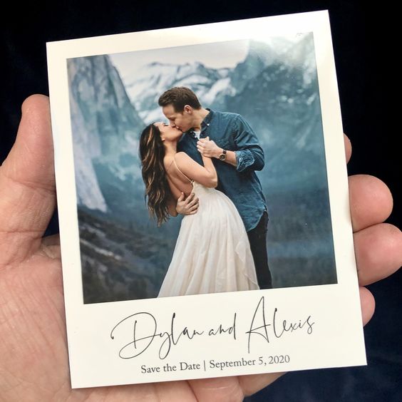a Polaroid of the couple with calligraphy as a creative photo save the date is a very cool idea for a modern wedding