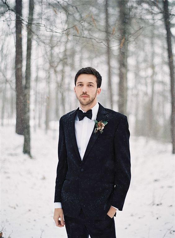 a black velvet tux plus a white button down is a gorgeously elegant look that will keep you warm