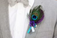 a bright peacock feather boutonniere with a touch of purple and turquoise