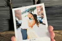 a cool colored Polaroid save the date magnet with a couple’s photo is a lovely and bright idea for a modern wedding