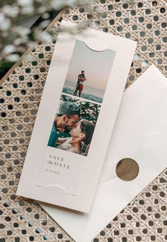 a cool long save the date with a colorful photo styled as a magnet is a cool and romantic wedding magnet