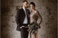 a copper sequin wedding dress with long sleeves, a high neckline and a shawl back