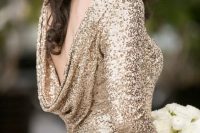 a gold sequin sheath wedding dress with long sleeves and a cowl back is a chic and glam idea for a NYE bride
