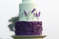 a gorgeous mint and purple wedding cake with mint sleek tiers and a purple ruffle one plus lavender and lavender lace on top