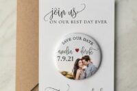 a lovely modern save the date with a paper and a magnet part, with the couple’s photo and calligraphy is amazing