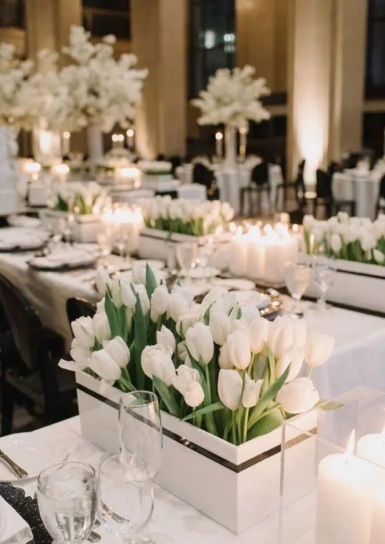 a modern wedding centerpiece of a box with white tulips is a beautiful solution for a modern lux wedding