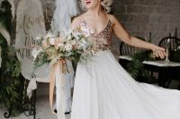 a modern wedding dress with a rose gold sequin bodice, spaghetti strapls and a plain white pleated skirt is wow