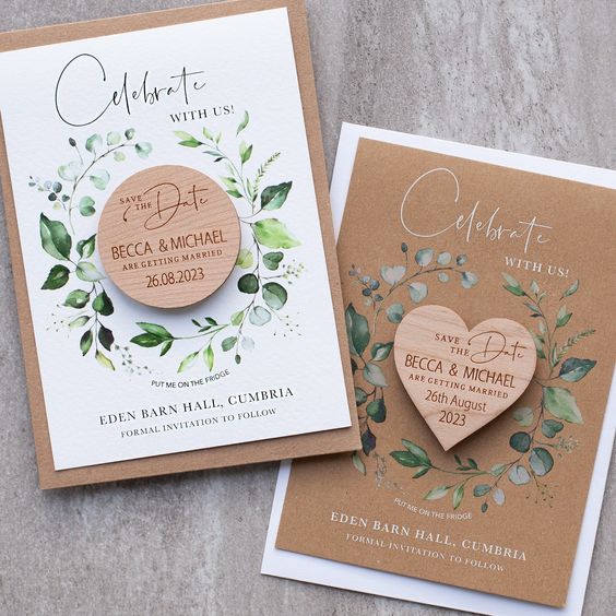 a neutral botanical plus cardboard wedding save the dates with round and heart shaped wooden magnets with save the dates