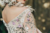 a romantic off the shoulder wedding dress with pretty detailing – mint, white and purple floral embroidery