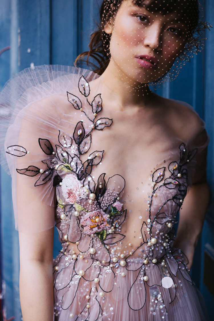 a unique purple wedding dress with embellishments, beading, appliques and lace looks really breathtaking