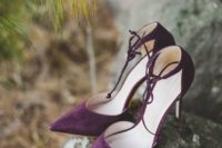 elegant suede purple wedding shoes with laces look very refined and very chic