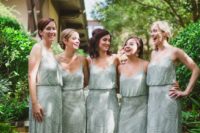 gorgeous mint-colored fully embellished bridesmaid dresses on spaghetti straps for spring or summer bridesmaids