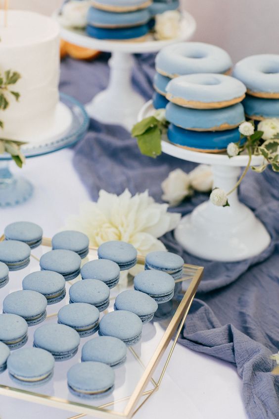 ice blue macarons, ombre blue glazed donuts are amazing for a winter wedding