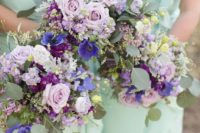 strapless draped maxi bridesmaid dresses and lush purple, lavender and mint wedding bouquets for a chic wedding