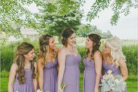 strapless purple maxi bridesmaid dresses and mint and blush colored wedding bouquets