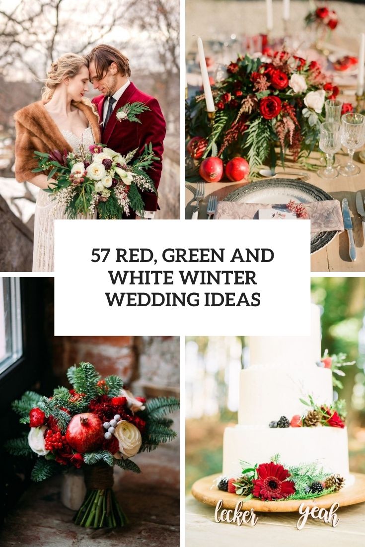 red, green and white winter wedding ideas cover