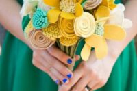 a bright and fun emerald, yellow and white felt flower wedding bouquet is a lovely idea for a bold wedding