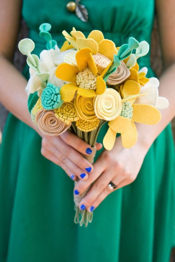 a bright and fun emerald, yellow and white felt flower wedding bouquet is a lovely idea for a bold wedding