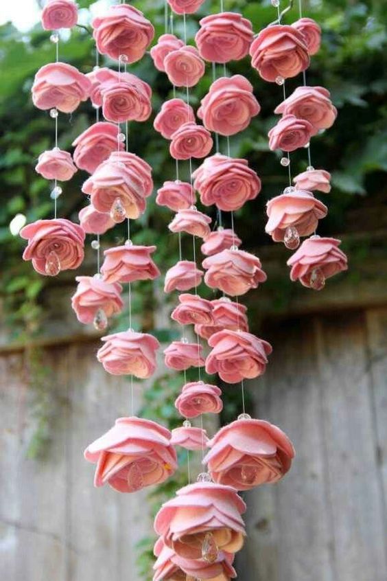 a pink felt rose wedding chandelier with crystals is a lovely idea for a spring or summer wedding, make one yourself