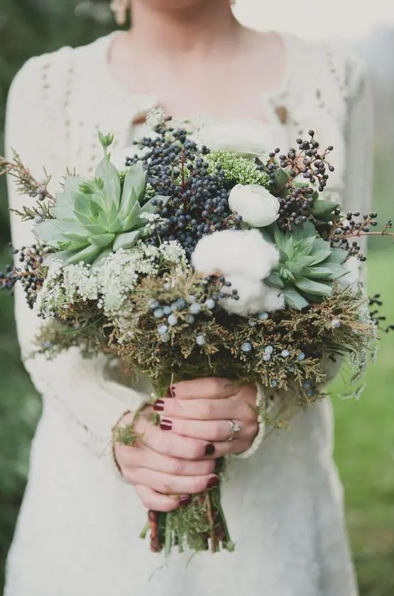 a textural bouquet with cotton, succulents, privet berries and textural foliage will be a gorgeous idea for many winter weddings