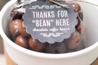 chocolate covered coffee beads are lovely wedding favors with cute tags and you can pack as many as you want